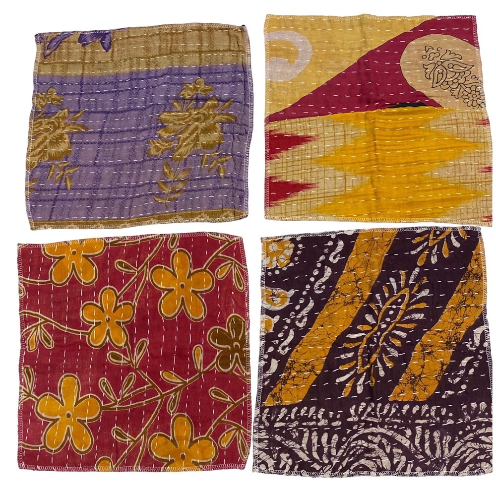 Set of 4 Reusable Kantha Cotton Napkins Handmade Boho Floral Paisley